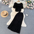 Korean ins style cut out crochet lace short-sleeved suit skirt women's shorttops+mermaid half length skirttwo-piece set trendy