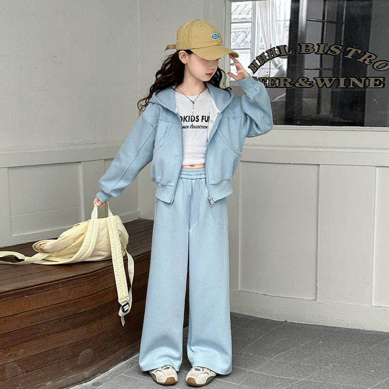 Girls' spring/autumn outfit set: new fashionable  jacket and wide-leg pants two-piece casual set for girls (sizes for mid-to-large children)