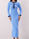 European and american autumn/winter new collection: chanel-inspired knit midi dress with long sleeves, denim paneling, and a-line sweater dress