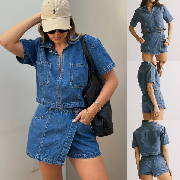European and American denim skirt and pants suit women, Spice Girl fashion two-piece set summer loose and comfortable denim suit