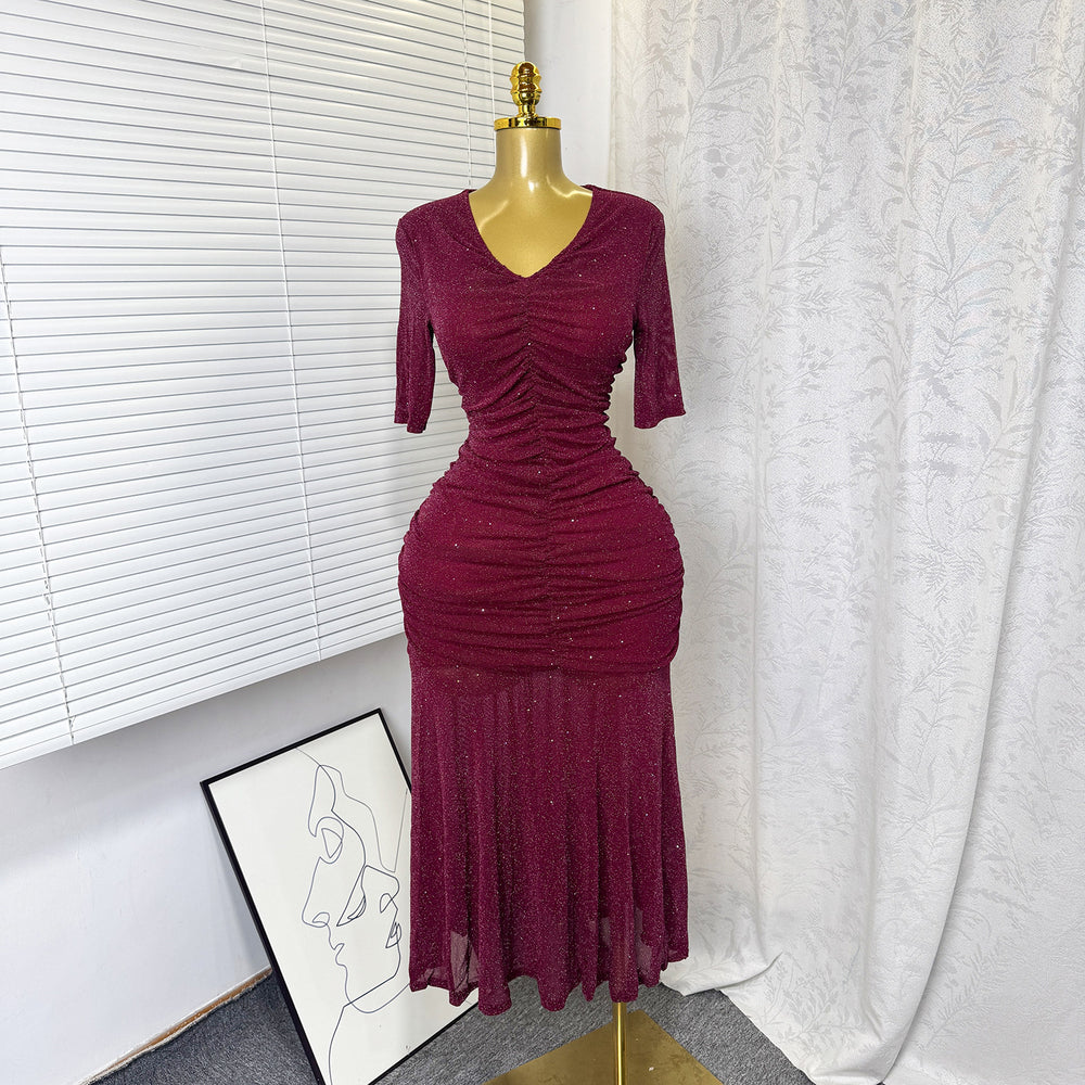Export frenchelegance stretch mesh pleated v neck silmdress women's summer high waistslimming lookelegant long skirt