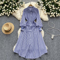 K-style chic style age-reducing stripesshirtdress women's long sleeves single-breasted slimming look longcasual skirt