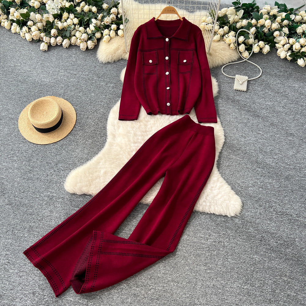 Xiaoxiangfeng wear women's autumn fashionfashioncontrast color topstitch lapel long sleeveslooseknittingtopshigh waistloose pants