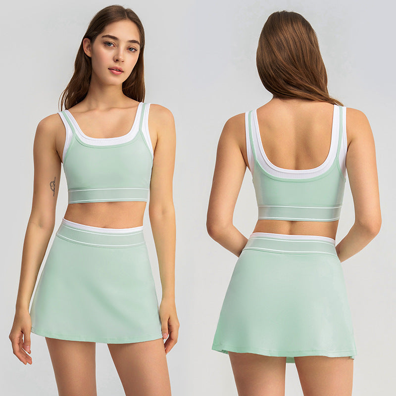 new arrivalfake two-piececontrast color white striped suspender running sports intimates bra tennis skirt yoga suit