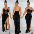 X5843   fashion fashion sling beads mesh see-through irregular slit dress for women