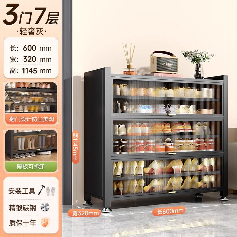 Steel shoe cabinet for home, all-in-one entryway cabinet, multi-layer large capacity storage cabinet, metal dustproof shoe rack