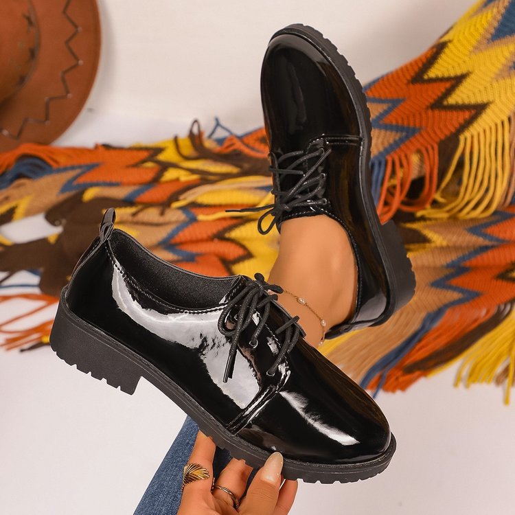 Plus size lace-up leather loafers for women - autumn  new collection - square heel single shoes - british style glossy loafers