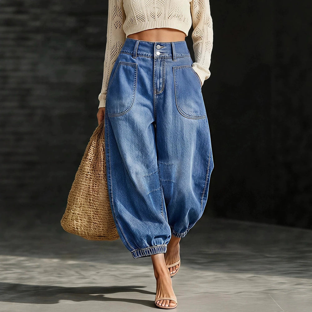 Fashionjeans double-button high waist patch pocket washed distressed jogger pants bloomers exportcasualloose denim women's pants