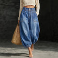 Fashionjeans double-button high waist patch pocket washed distressed jogger pants bloomers exportcasualloose denim women's pants