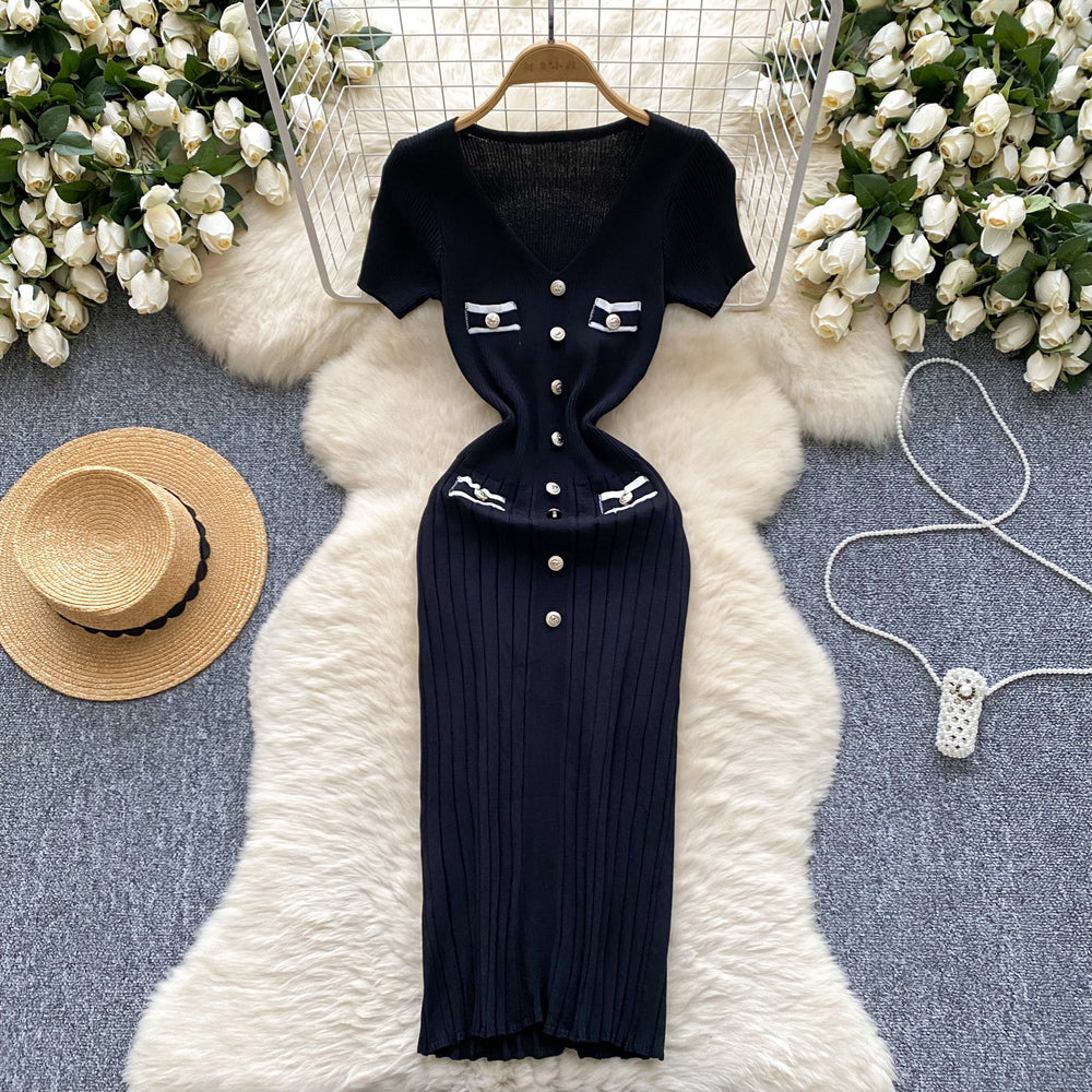 Short-sleeved knittingdress female small fragrant style retrofrenchv neck color matching metal buckle silmslimming look bottom long skirt