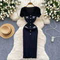 Short-sleeved knittingdress female small fragrant style retrofrenchv neck color matching metal buckle silmslimming look bottom long skirt