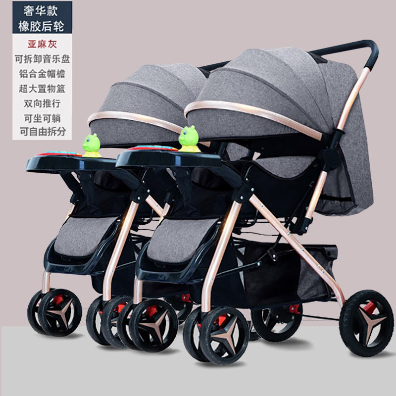 Twin stroller - lightweight, high-view, portable, convertible (sitting/reclining), detachable, double baby stroller, foldable, universal fit