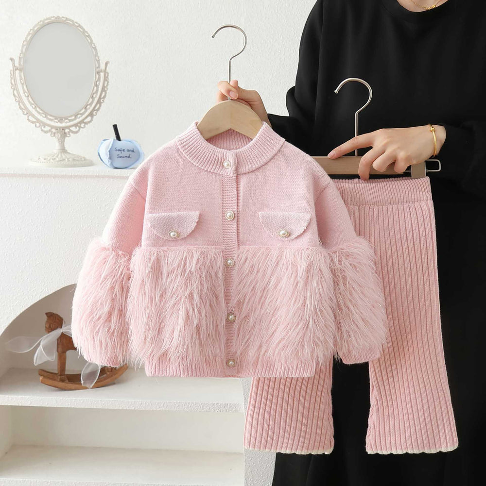 Girls' fuzzy solid color cardigan knit set - new  korean style kids' sweater two-piece outfit for autumn and winter