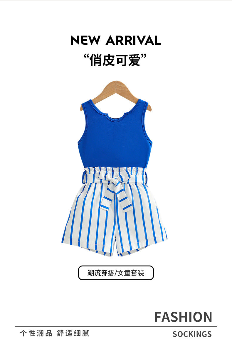 girls' summer outfit: blue sleeveless tank top with striped shorts and belt - two-piece set for kids' outdoor adventures