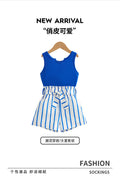 girls' summer outfit: blue sleeveless tank top with striped shorts and belt - two-piece set for kids' outdoor adventures