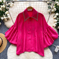 French-style heavy beaded lapel diamond-embellished shirt for women - summer lantern sleeve cardigan, loose fit, versatile, high-end top