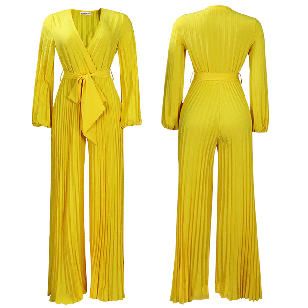C8468   european and american summer new v-neck sexy tie-up pleated wide-leg plus size foreign trade jumpsuit