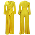 C8468   european and american summer new v-neck sexy tie-up pleated wide-leg plus size foreign trade jumpsuit