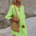 cross-border hot selling european and american v-neck tie-up loose minimalist short-sleeve dress - in stock
