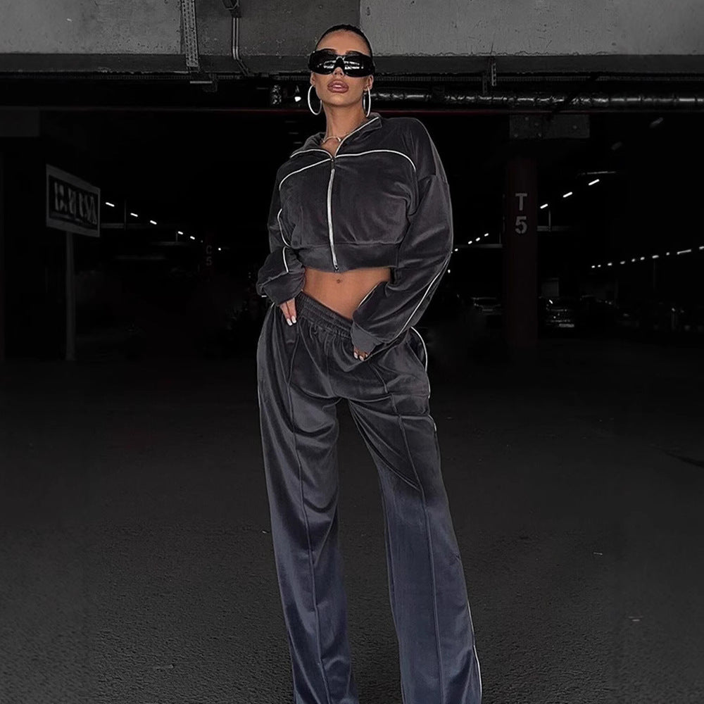 European and American  fashion sports suit women's street style long-sleeved cardigan trousers two-piece casual jacket set