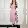 summer new women's clothing:  cross-border fashion - sexy halter neck ruffle trim slit pleated dress