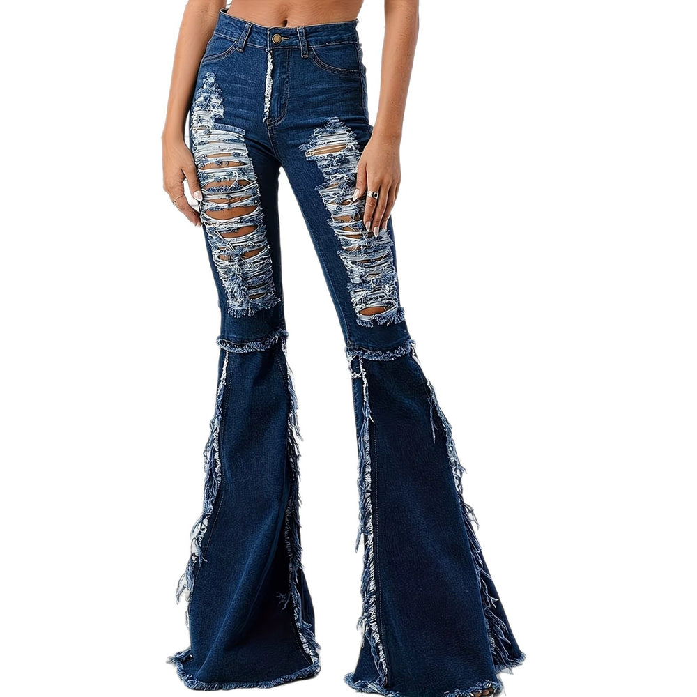 Fashionjeans women's cross-border high waist ripped micro-flared pants tassel raw edge washed silm high denim pants
