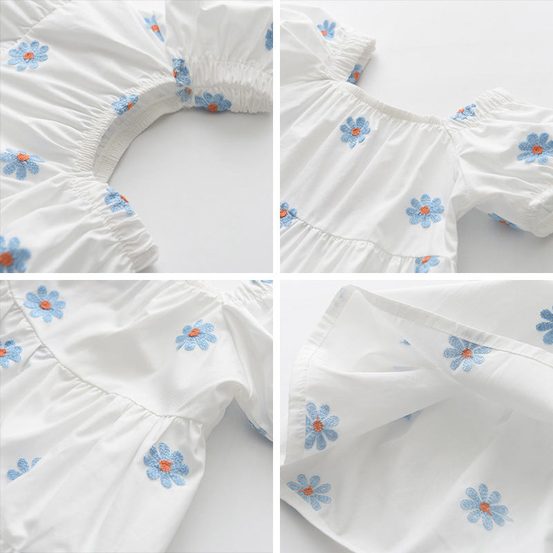 Girls' dress - new cross-border summer collection - white daisy print dress - toddler & little girl lantern sleeve cotton a-line dress