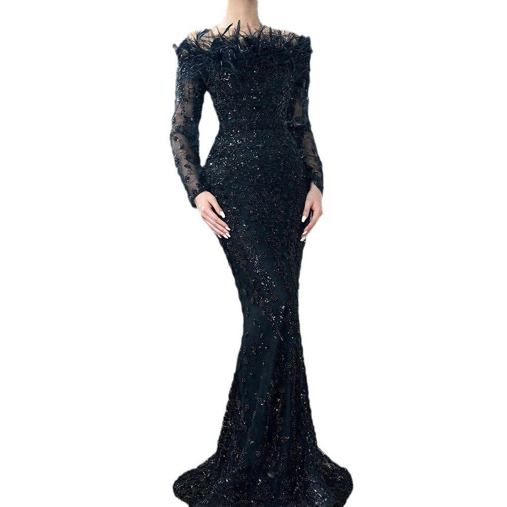 25export black one shoulder feather fishtail dress accessible luxuryeleganceelegant socialite banquet host evening dress