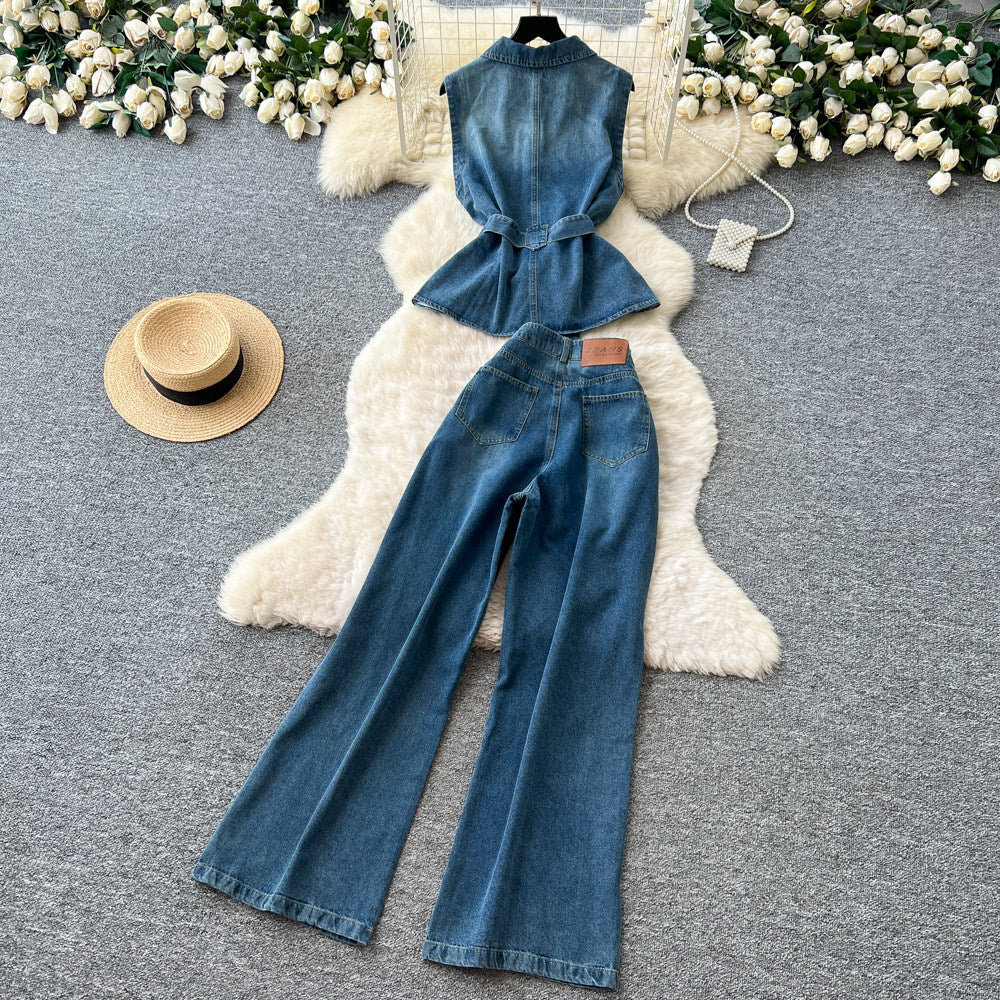Hong kong style spicy girl sleeveless denim two-piece set - women's summer slimming tank top & high-waisted pants casual chic outfit