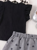 cross-border girls' fashion set: european & american style floral solid ribbed top + a-line pleated skirt two-piece outfit