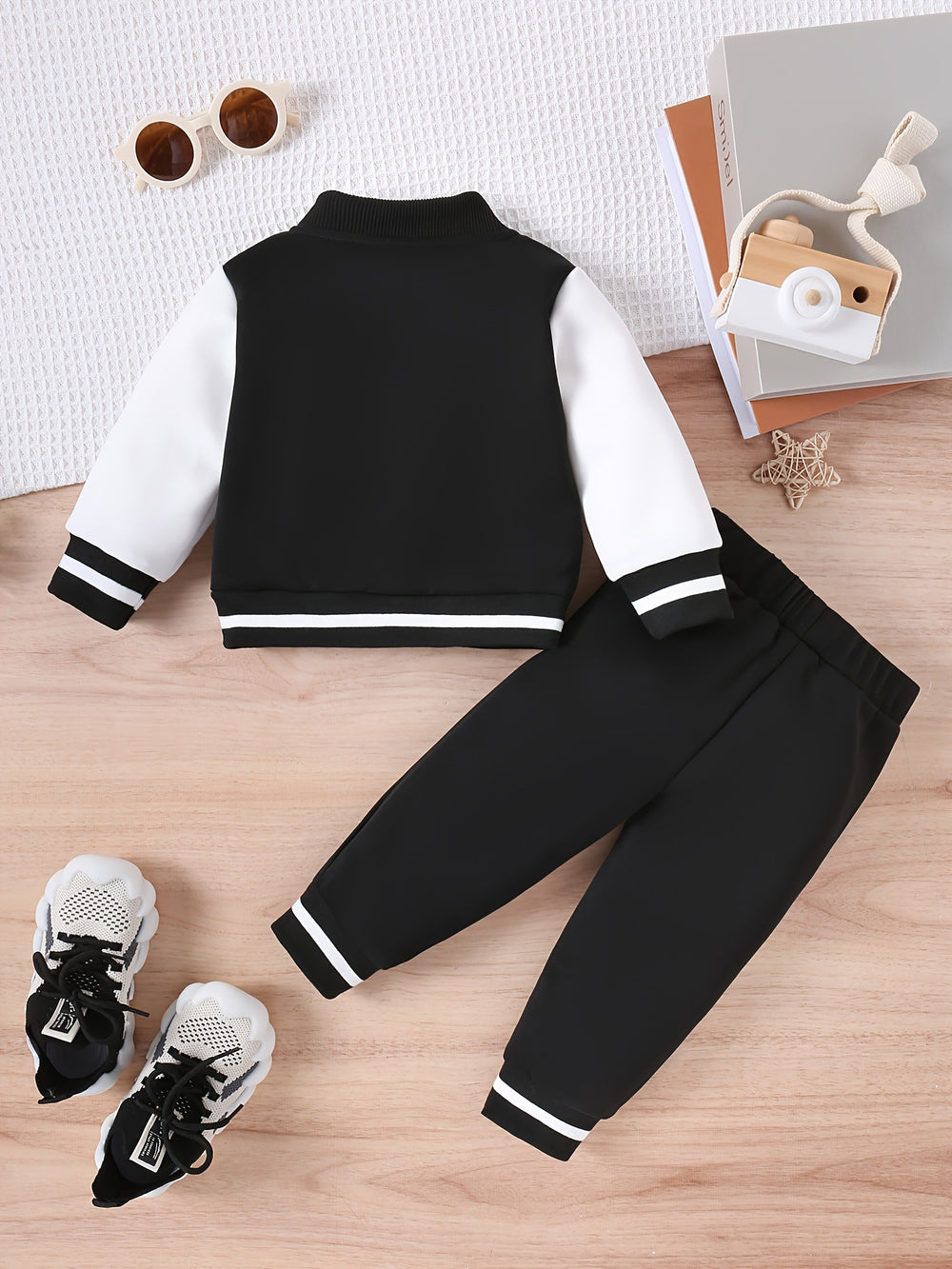 autumn cross-border exclusive: embroidered letter patchwork baseball jacket + casual pants two-piece set for infants and toddlers