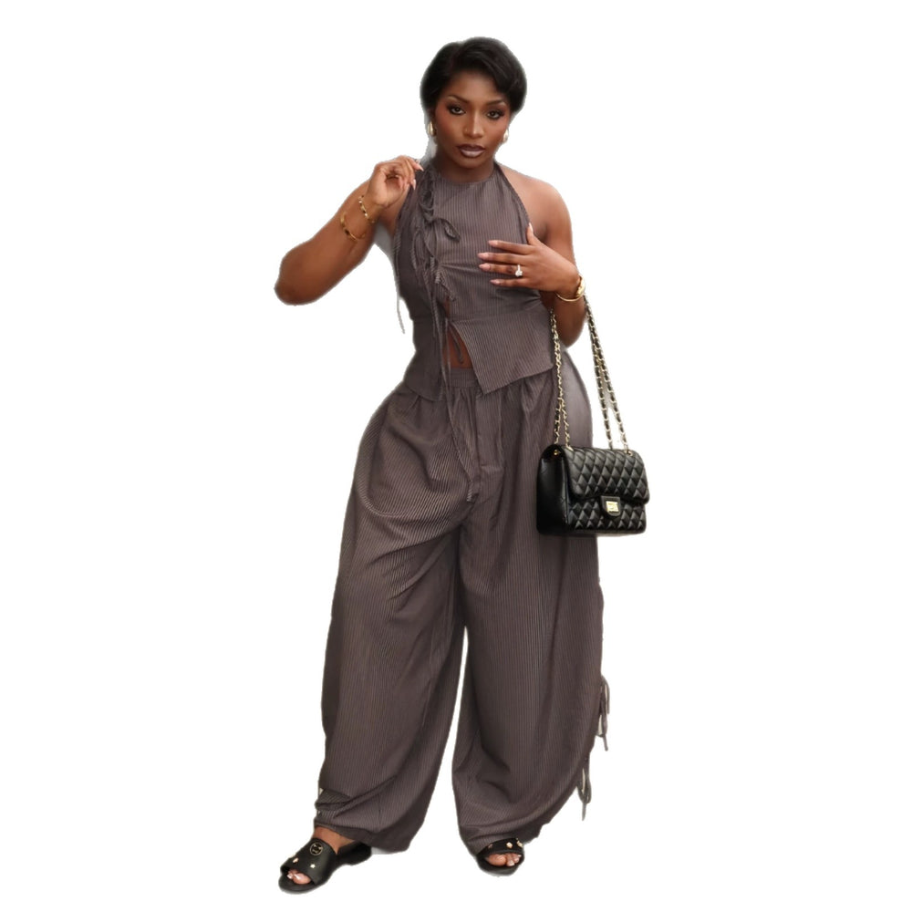 European and american cross-border women's fashion:  summer new collection - stylish bowknot striped sleeveless top and wide-leg pants set