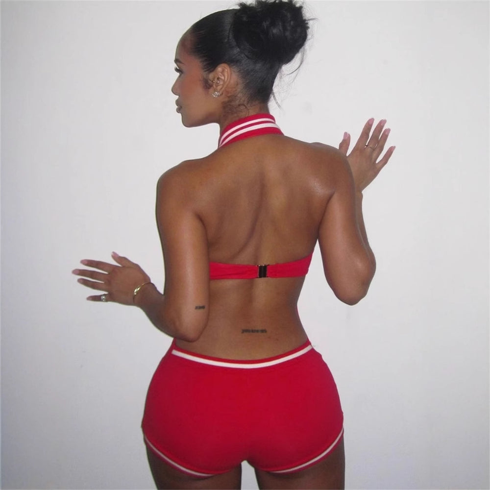 spring european and american cross-border fashion sexy hot girl sleeveless solid color backless halter bodysuit shorts