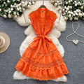 European and american light luxury sleeveless midi dress for women - summer mesh hollow-out crochet lace-up waist - sophisticated mid-length dress