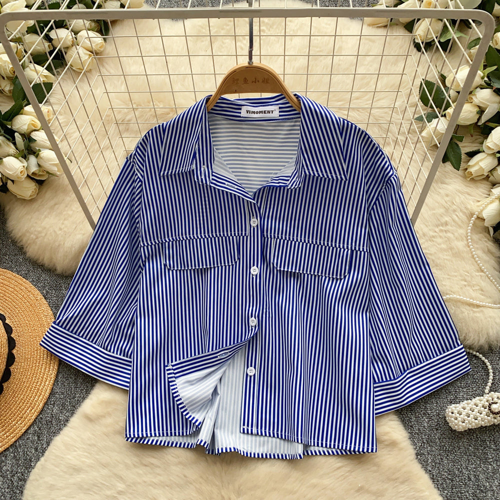 Korean style commute chic red and white striped breathable & skin-friendly shirt - women's summer short sleeve loose fit cardigan casual top