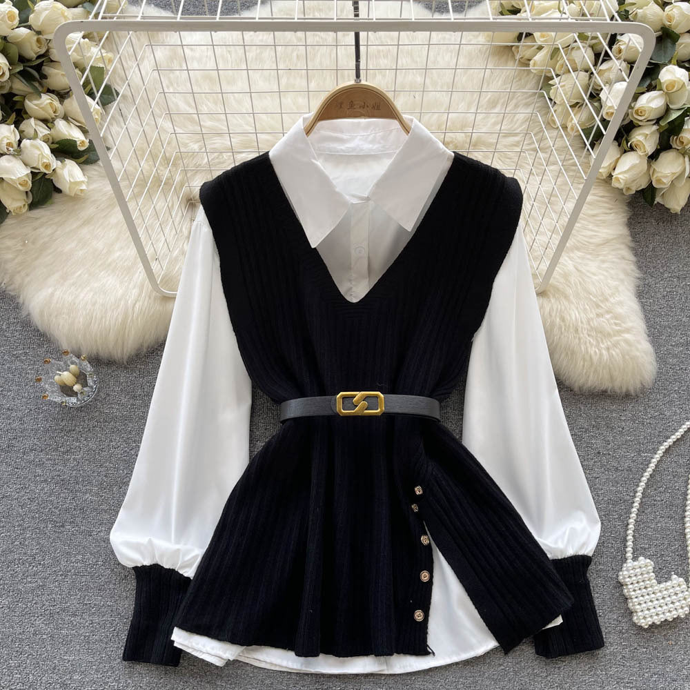 Autumn new arrival: chic & mature style - loose fit lapel patchwork white shirt + v-neck asymmetrical knit vest two-piece set