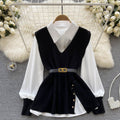 Autumn new arrival: chic & mature style - loose fit lapel patchwork white shirt + v-neck asymmetrical knit vest two-piece set