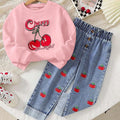new autumn cross-border girls' cherry print top + embroidered denim washed maxi skirt two-piece set