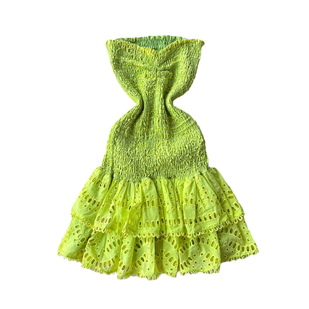 New women's vacation dress: designer ruched sleeveless bandeau dress with cinched waist, slimming cutout embroidery, and ruffle hem