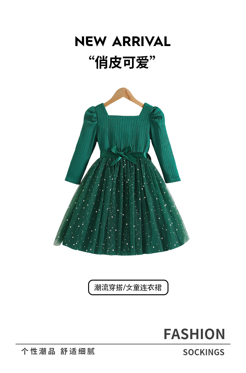Girls' long-sleeve dress for export, green star pattern, mesh paneling, bow belt, a-line princess dress