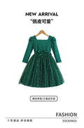 Girls' long-sleeve dress for export, green star pattern, mesh paneling, bow belt, a-line princess dress