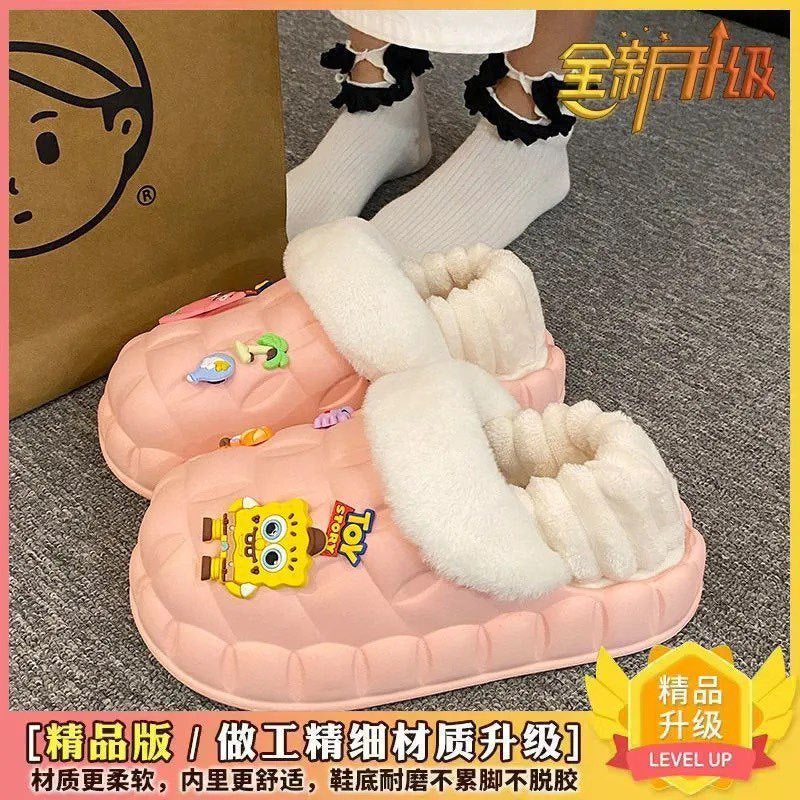 2025 cotton slippers - removable & washable, women's winter home & outdoor wear, thick sole, closed heel, fleece-lined, cartoon design, warm & cozy