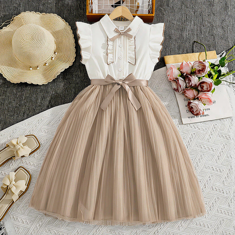 Girls' dress - cross-border children's wear -  summer new style - chic flutter sleeve color block mesh kids' princess dress - wholesale