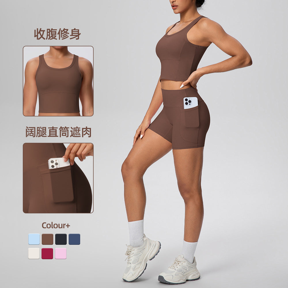 New arrival: cross-border brushed solid color breathable tank top & pocket shorts yoga set - two-piece activewear for running and fitness