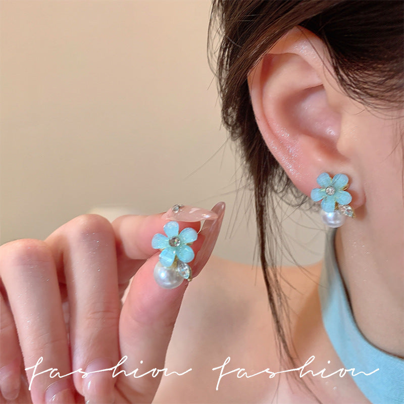 S925 sterling silver needle iced blue floral pearl stud earrings - elegant, chic, and trendy earrings for women