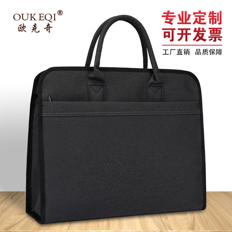 Double-layer zipper satchel document bag office business meeting briefcase large-capacity document bag information bag printed logo