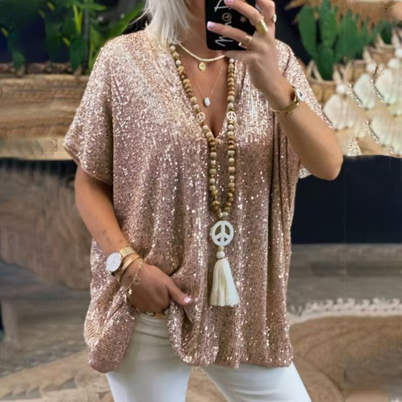 new european and american  style short-sleeve urban casual loose fit pullover sequin v-neck t-shirt top for women