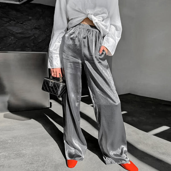 2024 autumn texture gold and silver woven gray casual trousers European and American street drape straight trousers temperament women's clothing