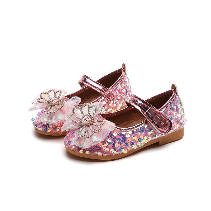 Girls'  spring new collection: sparkling soft-soled princess leather shoes for mid-to-large children - wholesale direct from the manufacturer, featuring hook-and-loop fasteners