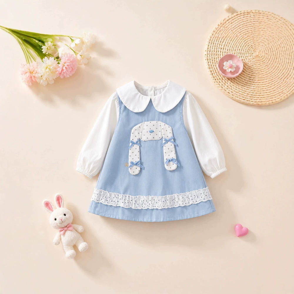 Girls' dress - spring/autumn  new collection - baby girl faux two-piece doll collar princess dress - stylish bunny dress for toddlers